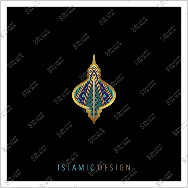 تصميم إسلامي ذو نمط زخرفي ذهبي وأزرق على خلفية سوداء.