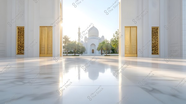 The image depicts a stunning view of a mosque with intricately carved golden doors and a shiny white marble courtyard. In the background, the mosque features a large white dome and a minaret, surrounded by palm trees and greenery. The sun casts bright shadows on the ground.