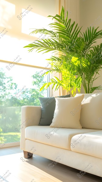 The image shows a bright corner of a living room featuring a white sofa with light and gray-colored cushions next to a large window through which sunlight streams in. Behind the sofa, there is a large green plant, enhancing the natural atmosphere indoors, with the bright light reflecting on the wooden floor.