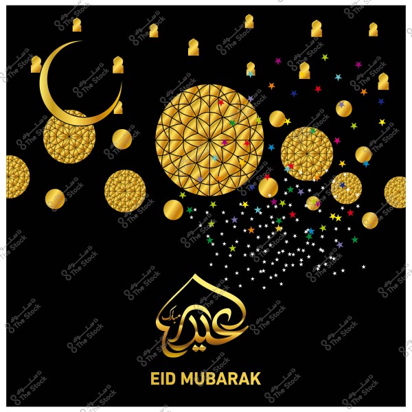 تصميم تهنئة بالعيد يحتوي على نص \"عيد مبارك\" باللغة الإنجليزية والعربية على خلفية سوداء مع زخارف دائرية ذهبية ونجمات ملونة وهلال ذهبي.