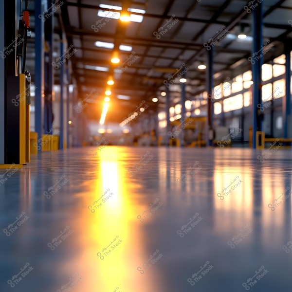 An image of the interior of a large warehouse or factory with soft lighting. The shiny floor reflects the golden light coming from the large windows stretching along the side. Rows of metal columns can be seen supporting the vast structure. The industrial lighting adds a warm ambiance to the space.