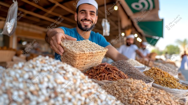 A smiling man wearing a white cap and blue shirt in a traditional outdoor market. In front of him are various grains, spices, and nuts displayed in open baskets. He appears to be selling these products at the market. A small green canopy is in the background, with other people wearing white clothing.