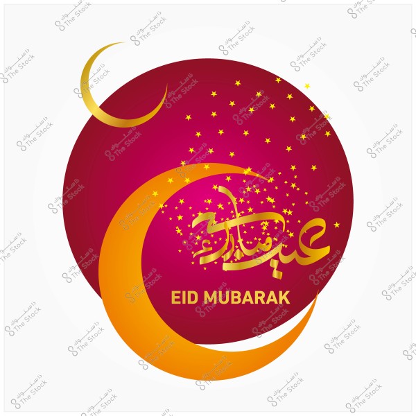 Eid Mubarak greeting design with a golden crescent and stars on a red circular background.