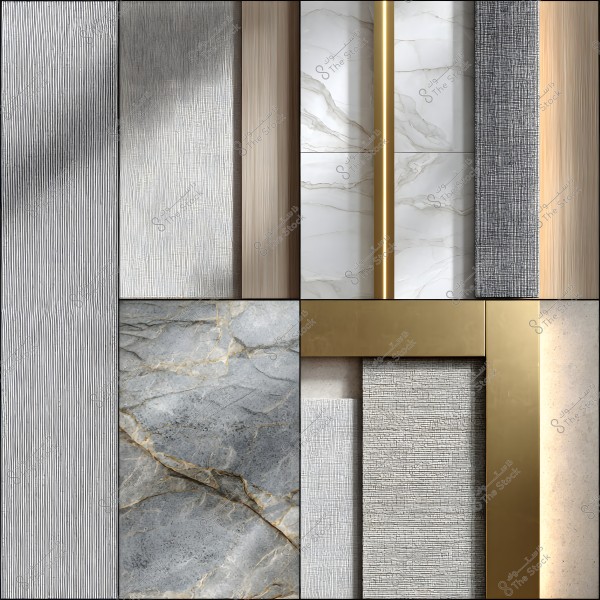 An image featuring an artistic multi-panel design combining textures of marble, gold, rough fabric, and thin lines. The image includes a mix of colors such as gray, gold, and white, with intricate details including lines and varying textures for each panel.