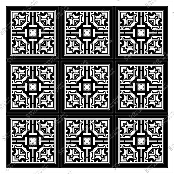 نمط هندسي أبيض وأسود متكرر مكون من تسعة مربعات بزخرفة معقدة.