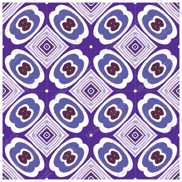 تصميم هندسي مكرر بألوان بنفسجية وزرقاء وبيضاء مع أشكال دائرية ومربعة.