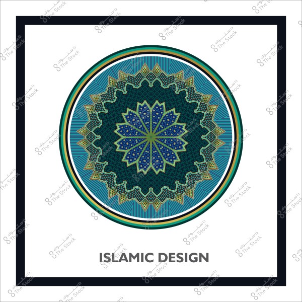 Circular Islamic decorative design with interlocking geometric patterns in blue and green within a square frame.