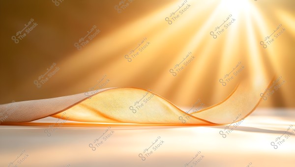 A transparent, golden wavy fabric placed on a smooth surface, with sun rays streaming from the upper right corner, adding a warm golden glow to the background.