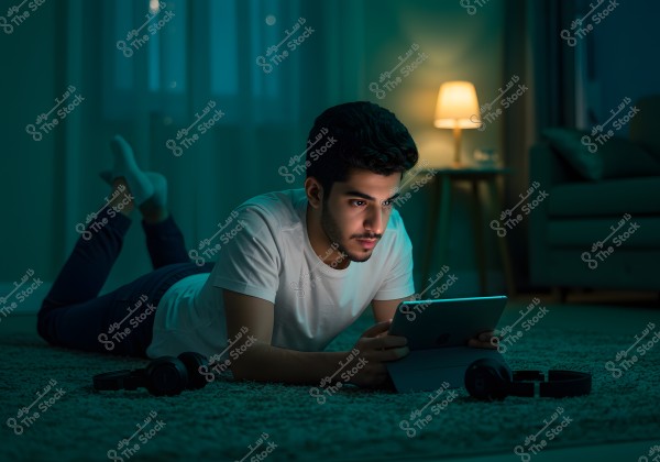 A young man lying on his stomach in a dimly lit living room in the evening, focusing on a tablet in his hands. He is wearing a white t-shirt and dark jeans. Black headphones are beside him on the carpet, and a table lamp casts a warm glow in the background, enhancing the calm and cozy ambiance of the space.