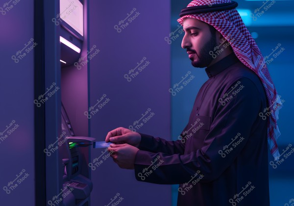 Image of a man standing next to a modern ATM under purple and blue lighting. He is wearing a dark thobe and a red and white checkered headscarf, inserting a card into the machine.