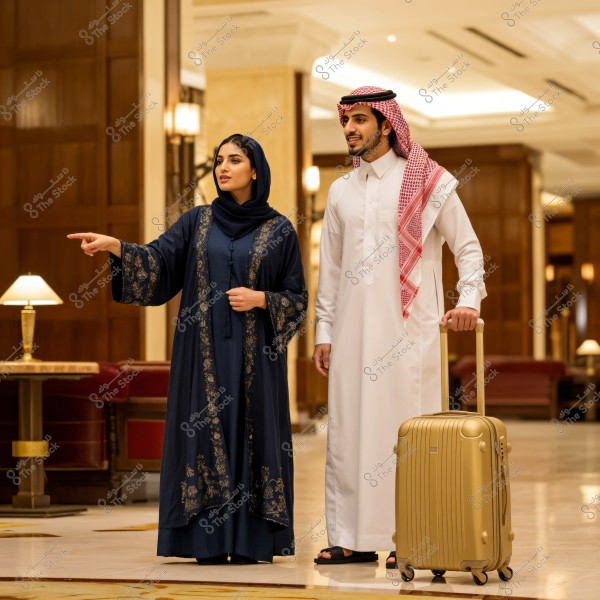 The image shows a man and a woman in a luxurious hotel lobby. The woman is wearing a dark blue abaya with gold embroidery and a hijab, while the man is in a white thobe and traditional headscarf (shemagh). The man holds a gold-colored suitcase as the woman points forward, possibly toward their destination in the hotel. The lighting is warm, and the hotel is adorned with elegant lights and furnishings.