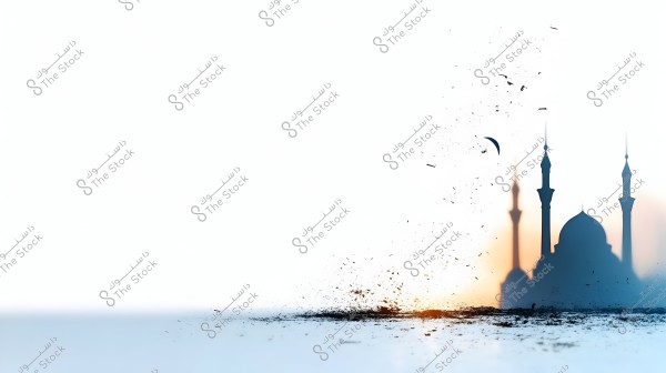 صورة توضح ظلال مسجد يظهر على الجانب الأيمن من الصورة مع وجود هلال في الأعلى, تحتوي الصورة على تأثير مرئي يعبر عن تفتت أو تحلل يمتد من المسجد. الخلفية بيضاء مع تدرج ألوان دافئة بالقرب من المسجد الذي يبدو في لحظات الغروب.