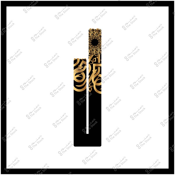 An image depicting vertical shapes resembling columns, adorned with Arabic calligraphic patterns in gold on a black background. The shapes feature intricate Arabic calligraphy forming an artistic design.