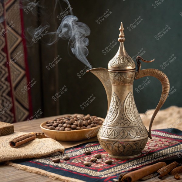 The image shows a traditional Arabic coffee pot (dallah) crafted from heavy metal, with intricate designs, a top lid, and a curved handle. The pot emits steam as if it is brewing. In the background, there is a wooden tray filled with coffee beans on a woven fabric displaying silver, red, and black patterns, along with cinnamon sticks on a piece of coarse fabric. This arrangement hints at the traditional Arabic culture of brewing and serving coffee.
