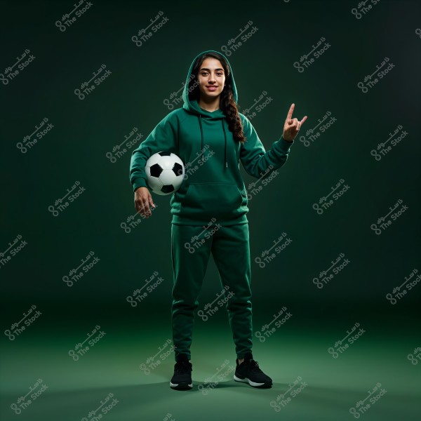 A portrait of a woman standing in a studio wearing green sports attire, holding a soccer ball in one hand and making a gesture with her other hand. She is dressed in a hoodie and sweatpants with athletic shoes. The background is dark green.
