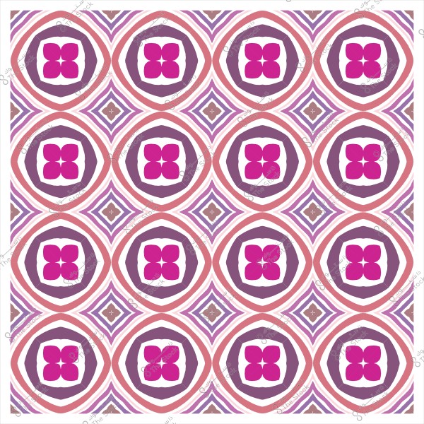 نمط هندسي مكون من دوائر تحمل زخارف أرجوانية وزهرية بأشكال زهرة, مرتبة بشكل متكرر في تصميم متكرر.