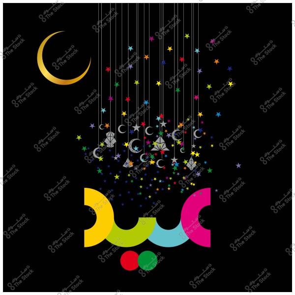 Colorful design celebrating Eid with stars and a crescent, featuring the word \"Eid\" in a decorative style.