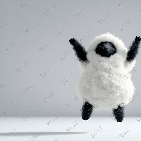 A small lamb with thick white wool and black face and legs appears to be flying or jumping in the air, with its short arms outstretched, against a simple gray background.