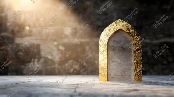A decorative golden arch standing on a stone floor, illuminated by sunlight, with a blurred wall in the background. The golden light gives the scene a sense of mystery and aesthetics.