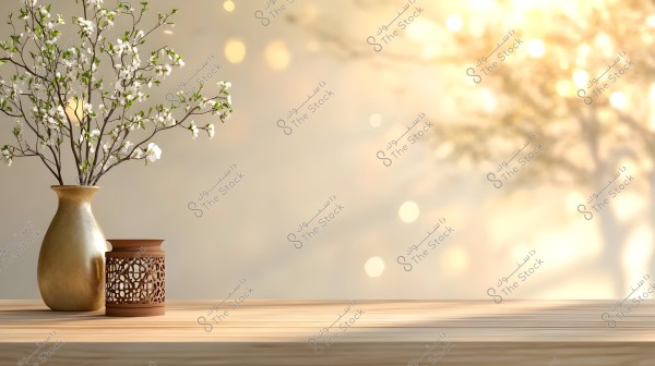 A golden vase with blooming branches featuring white flowers and green leaves on a wooden table. Next to it is a decorative brown candle holder. The background is blurred with warm lighting and soft bokeh lights.