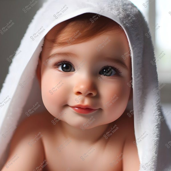 An image of a small child with large eyes looking upwards with a slight smile. A soft white towel covers the head, adding a sense of warmth and comfort. The background is blurred but suggests a bright window, giving a sense of serenity and brightness.