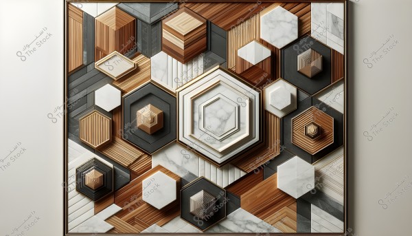 An artistic panel featuring a geometric design composed of various hexagonal and square shapes made from different materials such as wood and marble, with colors ranging from brown to gray and white. The shapes are three-dimensional and appear interlocked harmoniously on the surface of the panel.
