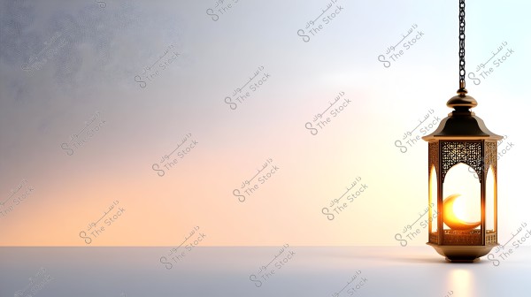 A golden lantern hanging by a chain, emitting a warm light. The lantern features geometric decorations with a crescent moon inside. The background transitions from an orange hue to light blue, creating a sense of calmness and tranquility.
