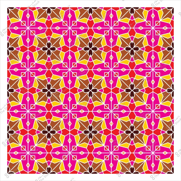 نمط هندسي إسلامي تقليدي مكون من أشكال نجمية وزهور بألوان حمراء ووردية وبنية وصفراء, يُستخدم في الزخرفة الفنية والديكور المعماري.

-