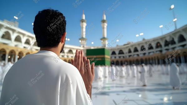 A person stands in the Holy Mosque in Mecca wearing a white Ihram, raising their hands in prayer. In the background, the Kaaba and the Grand Mosque with its minarets are visible. The sky is clear and blue, with a group of people also dressed in Ihram.\r\n\r\n###