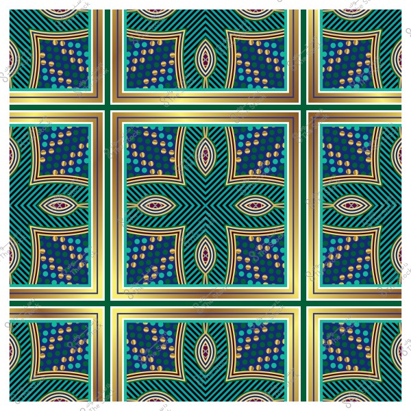 نقش هندسي مزخرف بألوان زرقاء وخضراء يتميز بخطوط وأشكال دائرية ومنحنية.