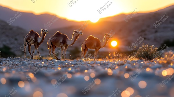 An image of three camels walking in the desert during sunset. The camels are in the foreground while the sun sets behind the mountains on the horizon. Pebbles are scattered around the camels, and some vegetation is visible in the background under the golden light of the sunset.