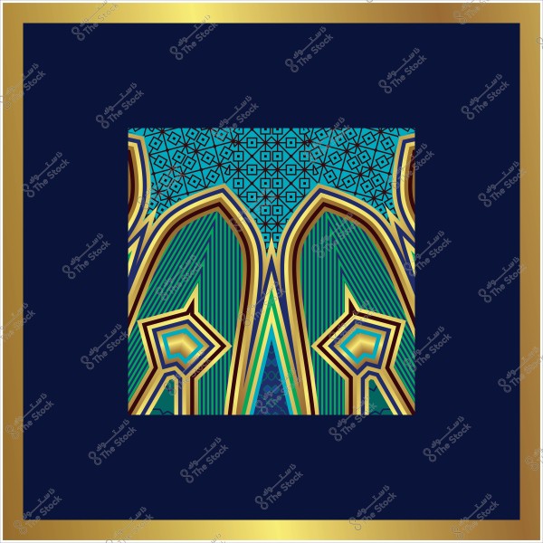 تصميم هندسي بألوان زرقاء وذهبية, يحتوي على أشكال نجوم وخطوط متداخلة بإطار ذهبي.