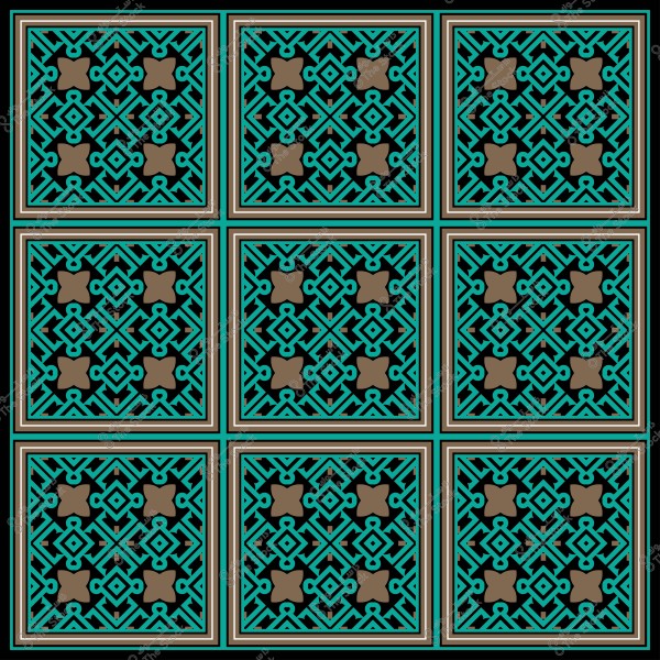 نمط زخرفي إسلامي يتكون من تسع مربعات تحتوي على أشكال هندسية معقدة زرقاء وسوداء وبنية.