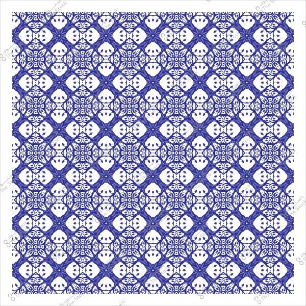 نمط زخرفي متماثل باللونين الأزرق والأبيض يُظهر أشكالاً هندسية متكررة يمكن أن تكون مستلهمة من الفن الإسلامي, يتكون من نجوم وربوع وزخارف نباتية.
-