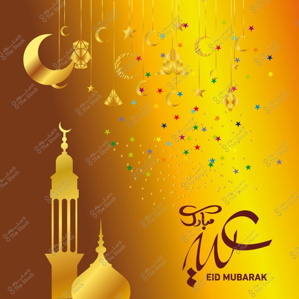 بطاقة تهنئة مزينة بزخارف شرقية وهلال ذهبي مع عبارة \"عيد مبارك\" وفوانيس وأبراج مسجد على خلفية براقة.