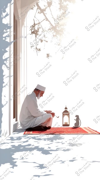 An elderly man sitting on a red rug in front of a large window and sunlit patio. The man is wearing a white thobe and cap, appearing relaxed with prayer beads in his hand. Beside him is a traditional lantern, and a silhouetted cat sits facing him. Shaded branches are visible on the ground and walls.