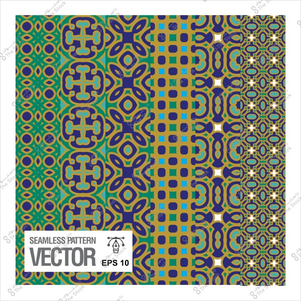Geometric patterns with interlocking designs in blue, green, and brown, displaying adjacent variations.