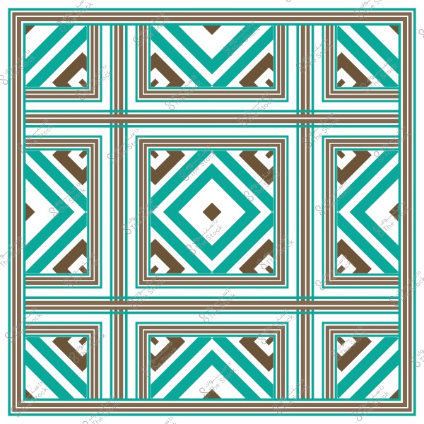 نمط هندسي متكرر بألوان أخضر وبني وأبيض, يحتوي على أشكال مثلثة ومربعات داخلية.