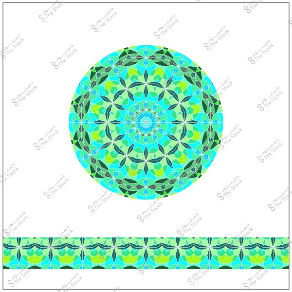 تصميم ماندالا بألوان خضراء وزرقاء مع أنماط هندسية معقدة ودائرة كبيرة في المنتصف وشريط زخرفي مماثل في الأسفل.