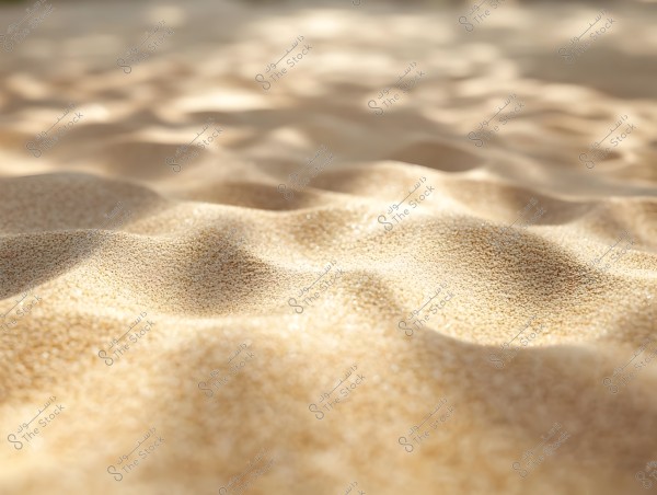 An image of sandy terrain in light golden colors, showing beautiful undulations on the sand surface under lighting effects. The image highlights the fine details of the sand grains.