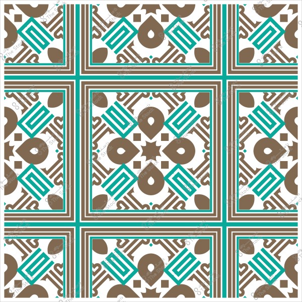 تصميم زخرفي بتكرارات هندسية وألوان بني وزمردي.