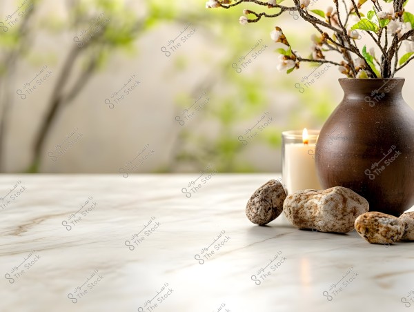Image depicting a brown earthenware pot with small flowering tree branches with white blossoms, placed on a white marble surface. Next to the pot, there is a lit white candle and small natural-colored stones. The background is blurred and features a tree shape, enhancing the serene and natural feel.