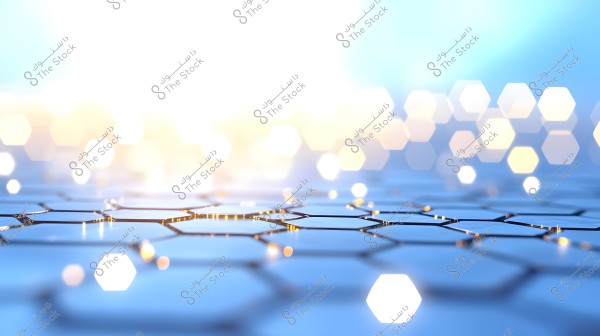 An image depicting a network of interlocking hexagonal shapes on a blue surface. Small golden lights emerge from the network, with a blurred background of white, glowing hexagonal lights, creating a futuristic and technological impression.