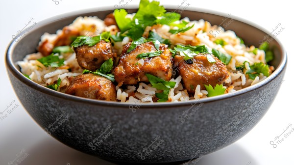 A bowl of white rice garnished with well-cooked chicken pieces and some green cilantro leaves. The meal is served in a dark-colored bowl on a white surface.