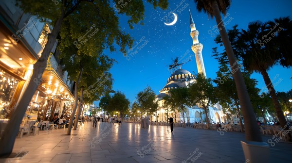 Image of a city under moonlight, featuring an Ottoman-style mosque with a large dome and a tall, illuminated minaret. In front of the mosque are paved streets with trees, outdoor seating, and beautifully lit cafes. The sky is starry with a bright crescent moon.