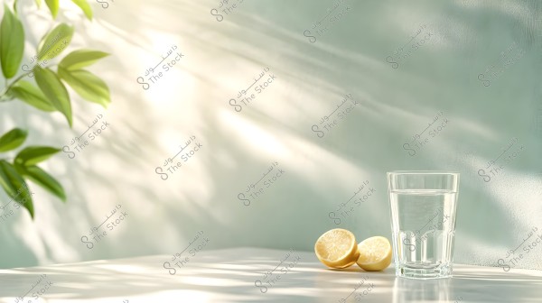 The image features a glass of water on a clean white table, next to two halves of a yellow lemon. The background is light green with shadows of plant leaves cast by gentle sunlight, creating a bright and refreshing atmosphere.