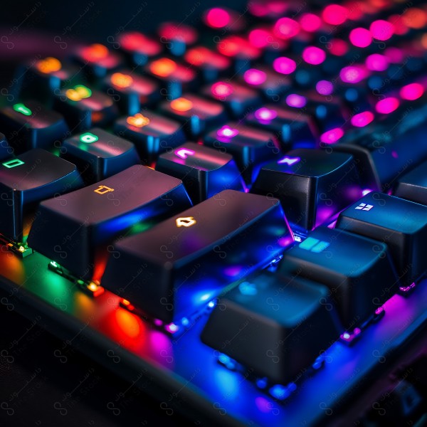 لوحة مفاتيح مضيئة بألوان RGB تظهر في صورة قريبة.
 بواسطة الذكاء الاصطناعي