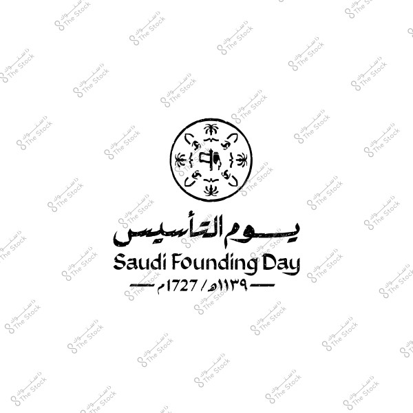The Saudi Founding Day logo is centered on a white background. The logo includes the text \"يوم التأسيس\" in Arabic and \"Saudi Founding Day\" in English, with the Hijri and Gregorian dates \"1139/1727\". There is also a small circle with symbols representing palm trees, horses, and elements tied to Saudi cultural history.