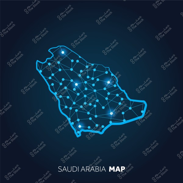 A digital image depicting a modern map of Saudi Arabia. The map features glowing lines and points in blue against a dark background, creating a technological or digital impression. The text at the bottom of the image indicates that it is a map of Saudi Arabia.