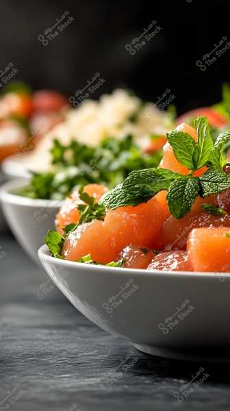 Image of a dish with orange-colored fruit pieces topped with fresh mint leaves, placed in a white bowl on a dark grey tabletop. In the background, part of another bowl is visible, containing green and other colored ingredients that are out of focus.